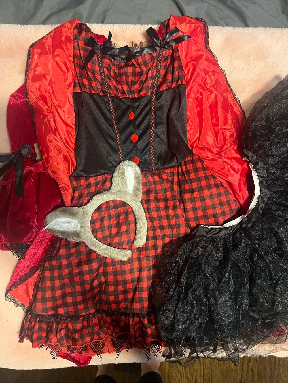 Red Riding Hood Black Plaid Kids Costume Dress with Wolf Headband